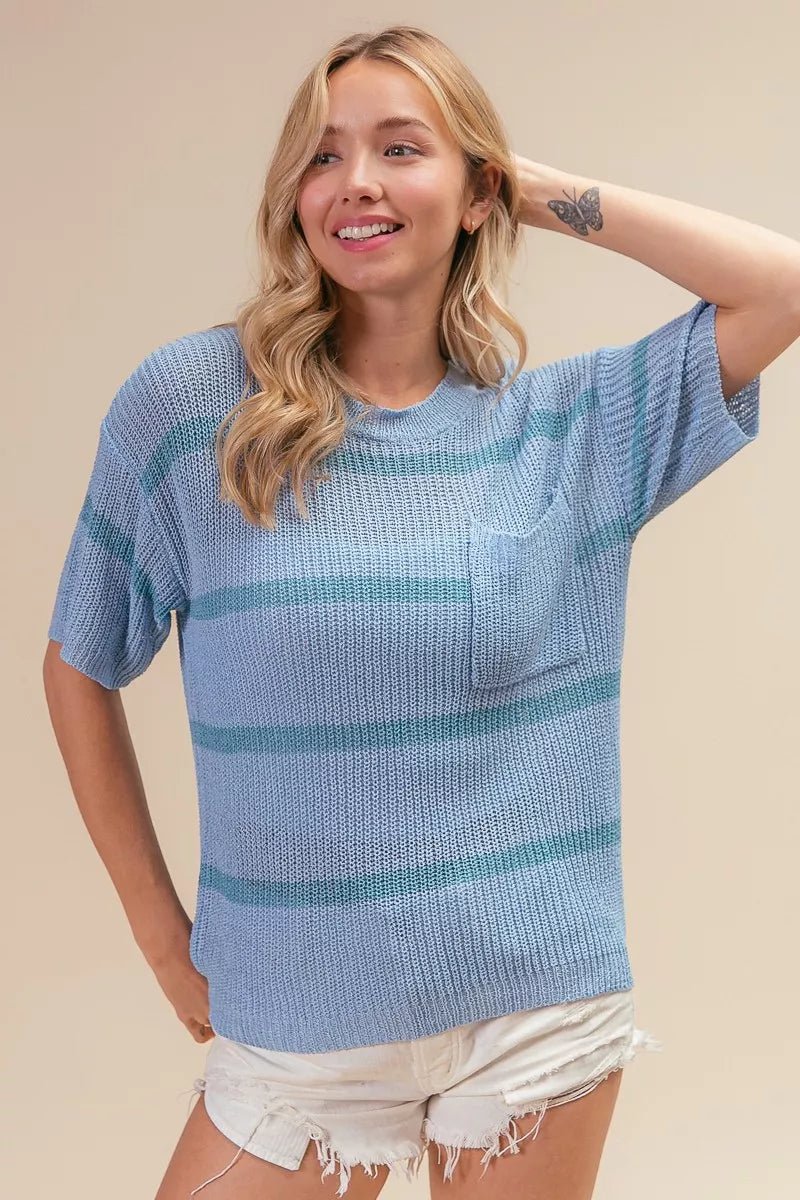 BiBi Patch Pocket Striped Lightweight Sweater Top - 