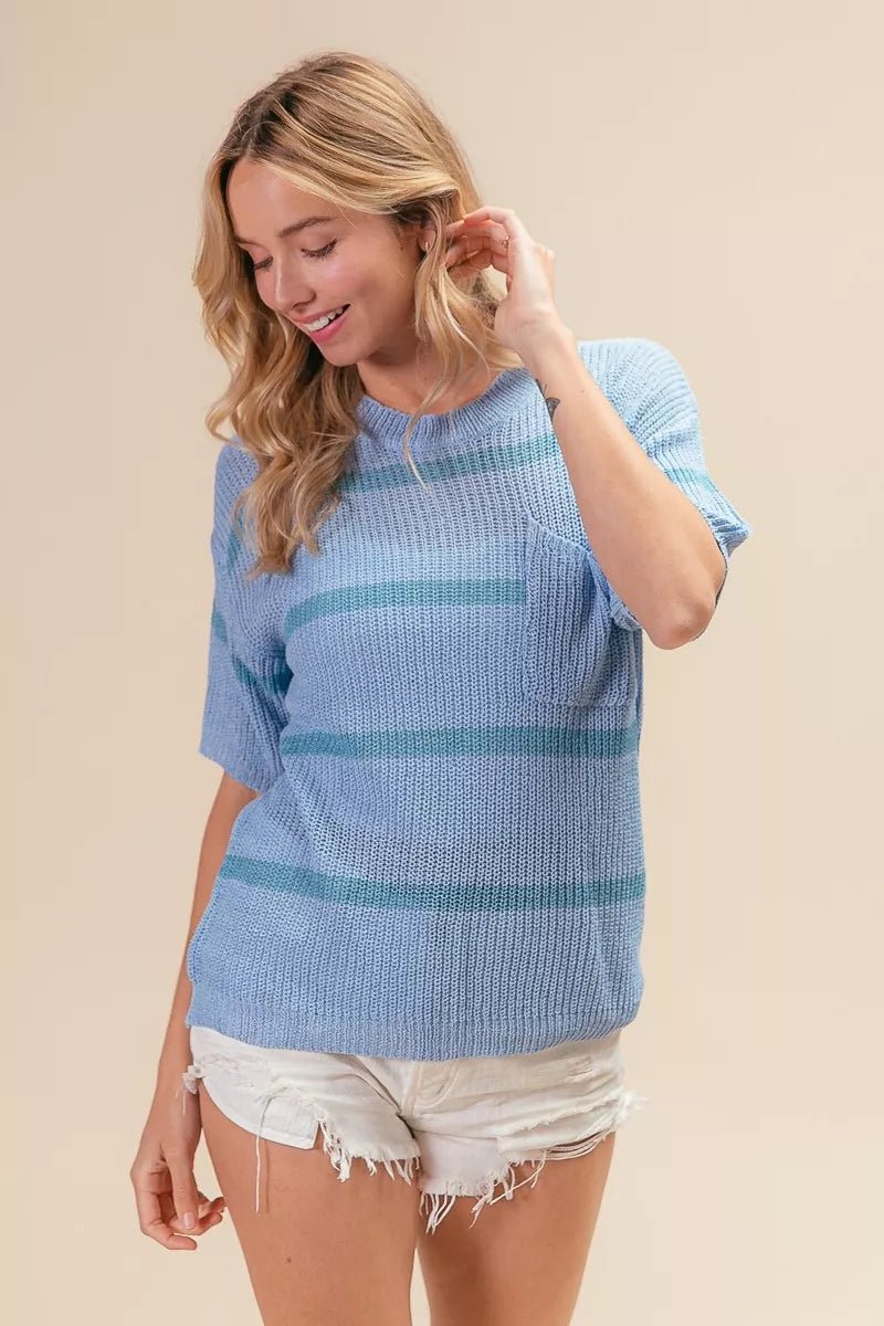 BiBi Patch Pocket Striped Lightweight Sweater Top - 