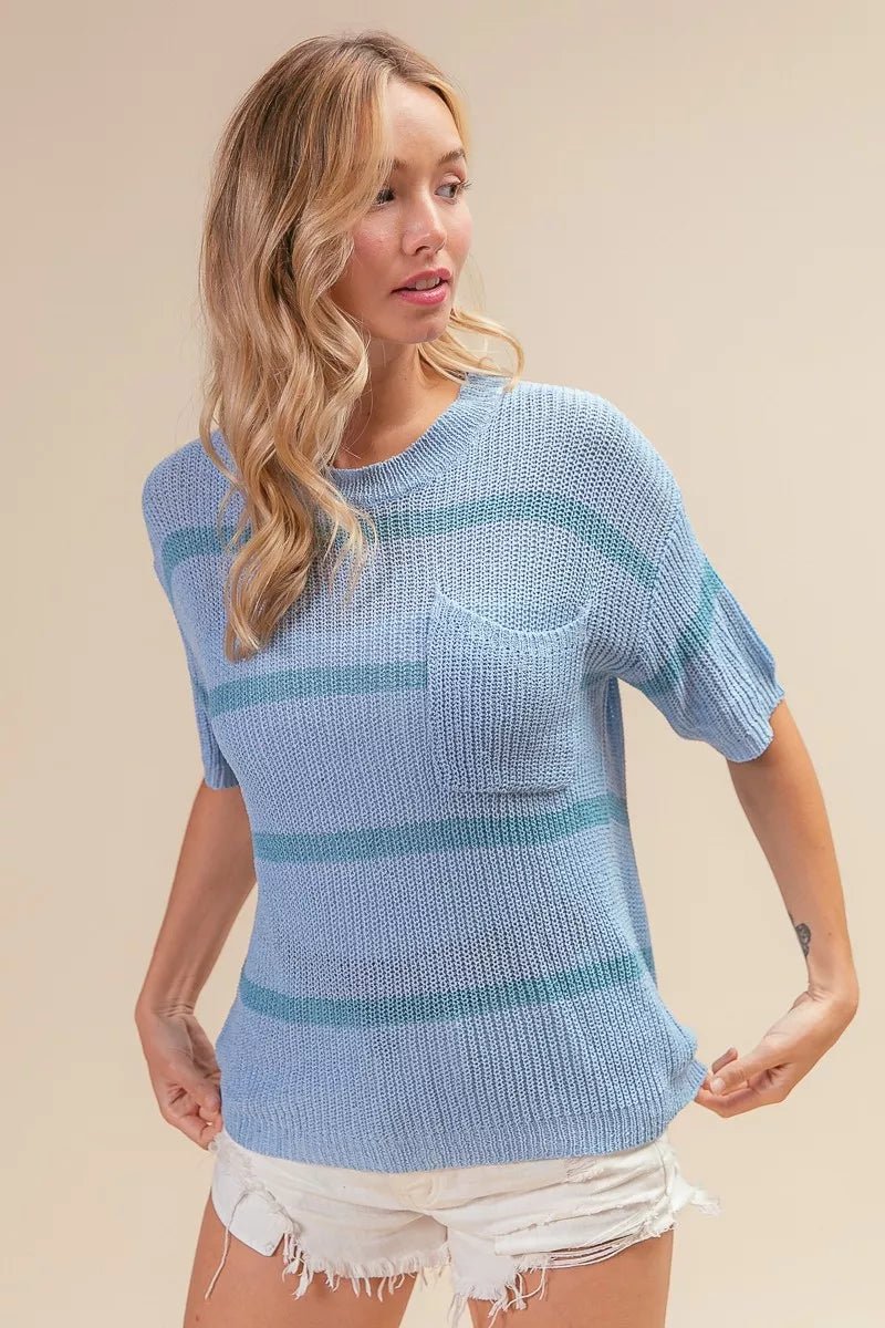 BiBi Patch Pocket Striped Lightweight Sweater Top - 