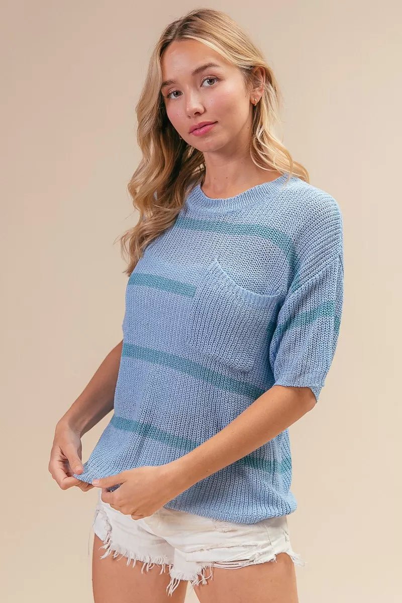 BiBi Patch Pocket Striped Lightweight Sweater Top - 