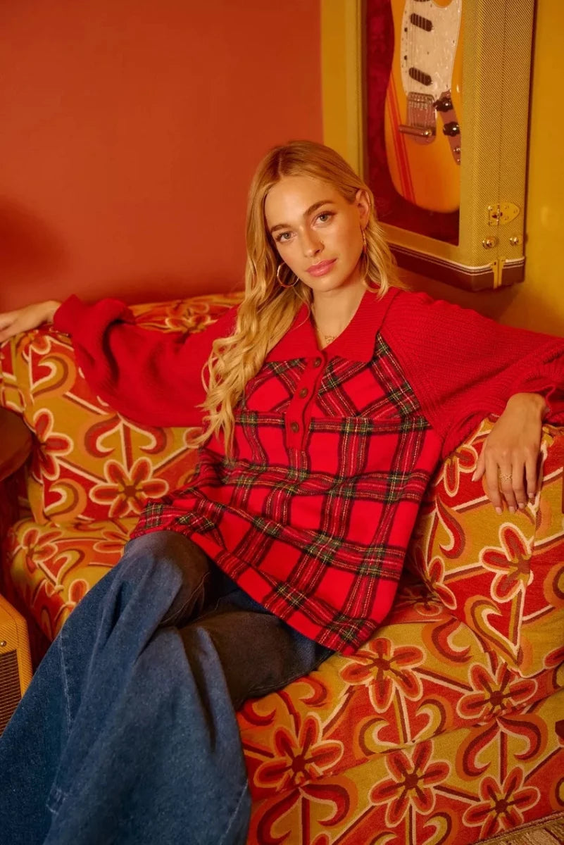 BiBi Plaid Buttoned Collared Top with Sweater Sleeve - 
