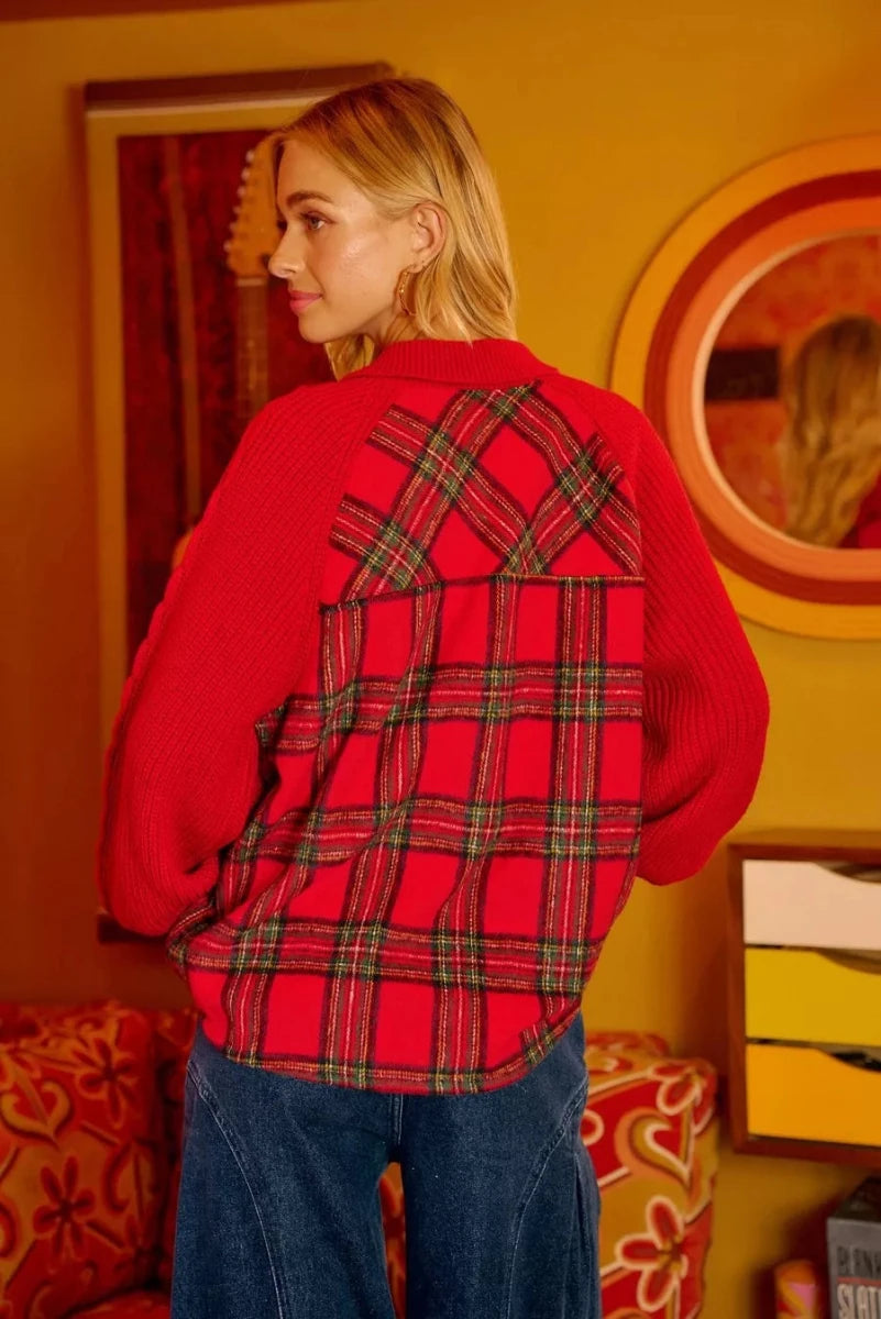BiBi Plaid Buttoned Collared Top with Sweater Sleeve - 