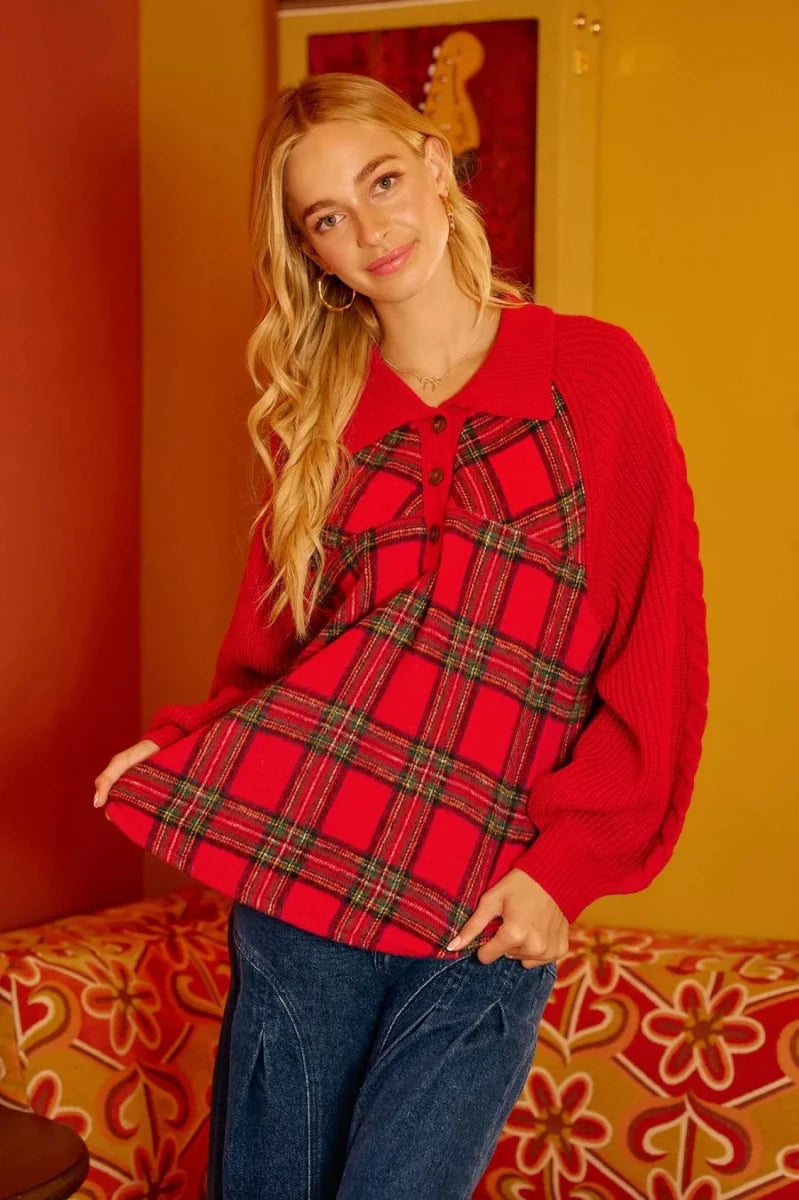 BiBi Plaid Buttoned Collared Top with Sweater Sleeve - 