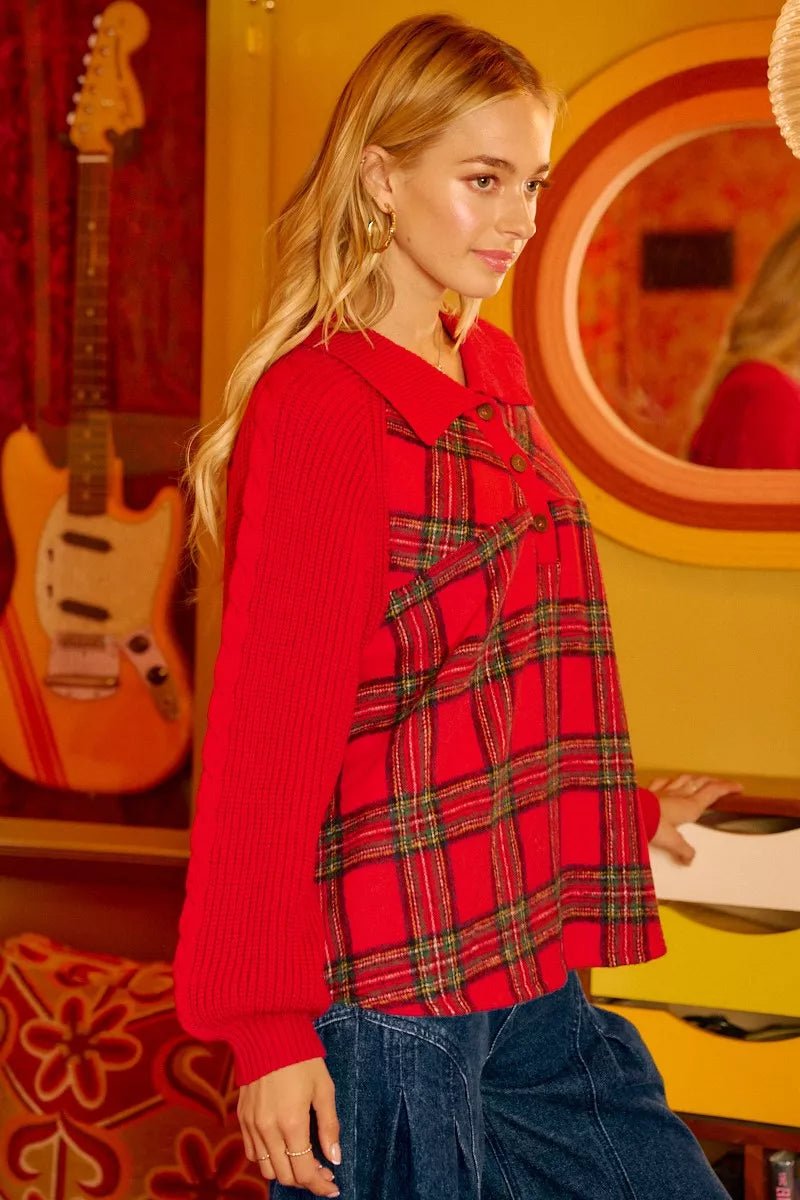 BiBi Plaid Buttoned Collared Top with Sweater Sleeve - 