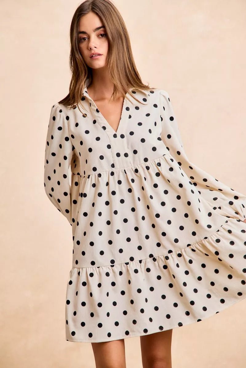 BiBi Polka Dot Corduroy Collared V Neck Dress - 