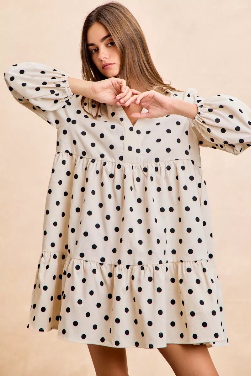BiBi Polka Dot Corduroy Collared V Neck Dress - 