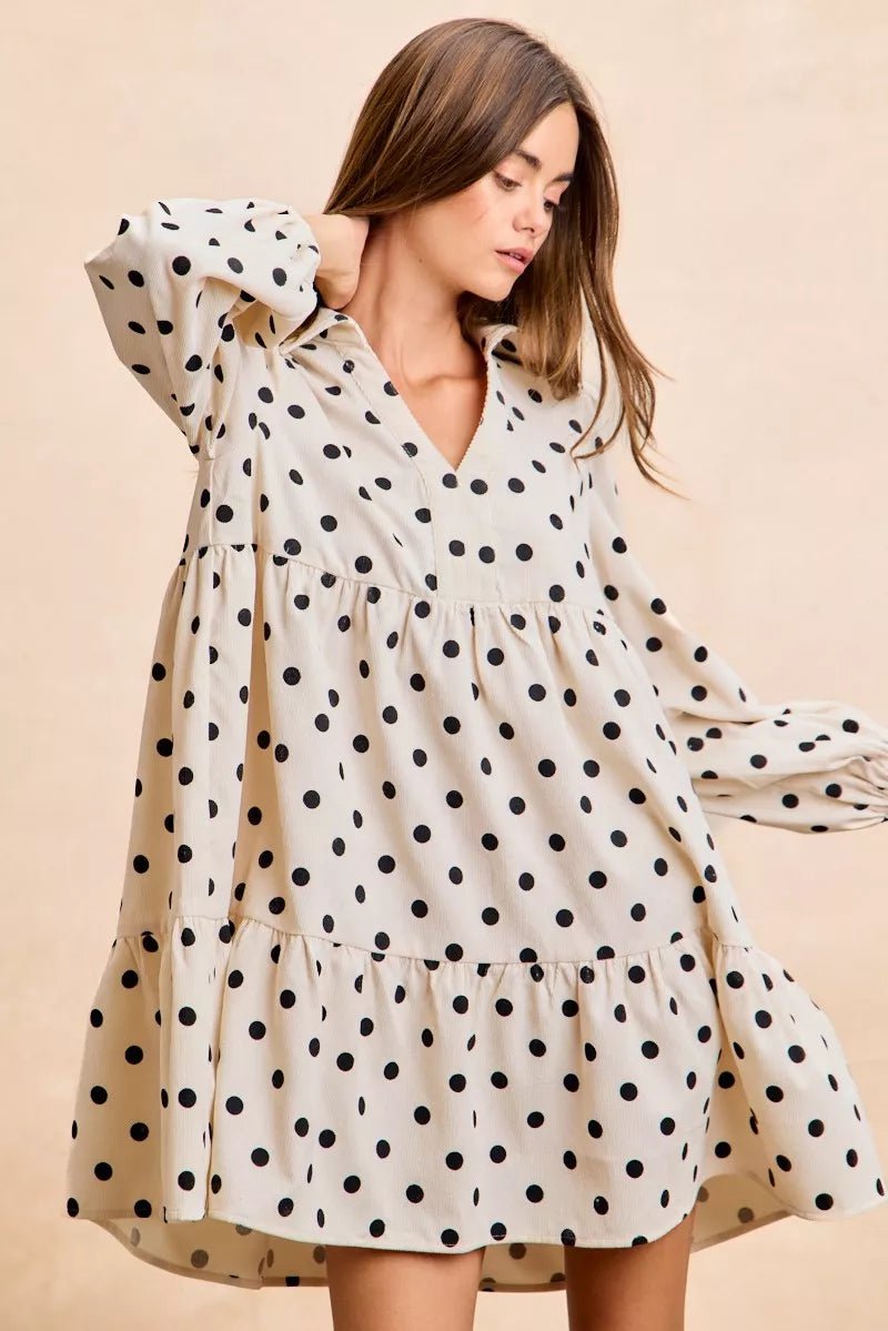 BiBi Polka Dot Corduroy Collared V Neck Dress - 