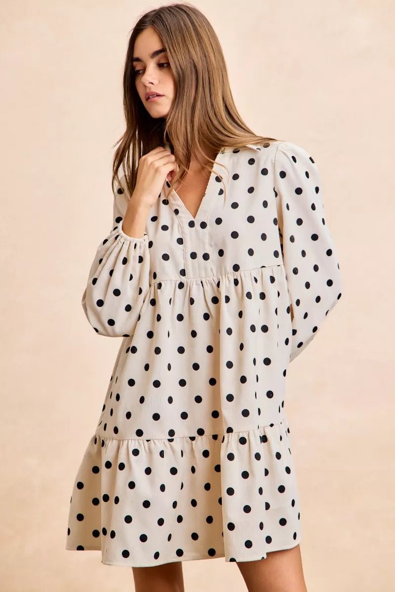BiBi Polka Dot Corduroy Collared V Neck Dress - 
