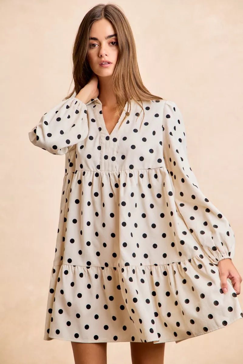 BiBi Polka Dot Corduroy Collared V Neck Dress - 