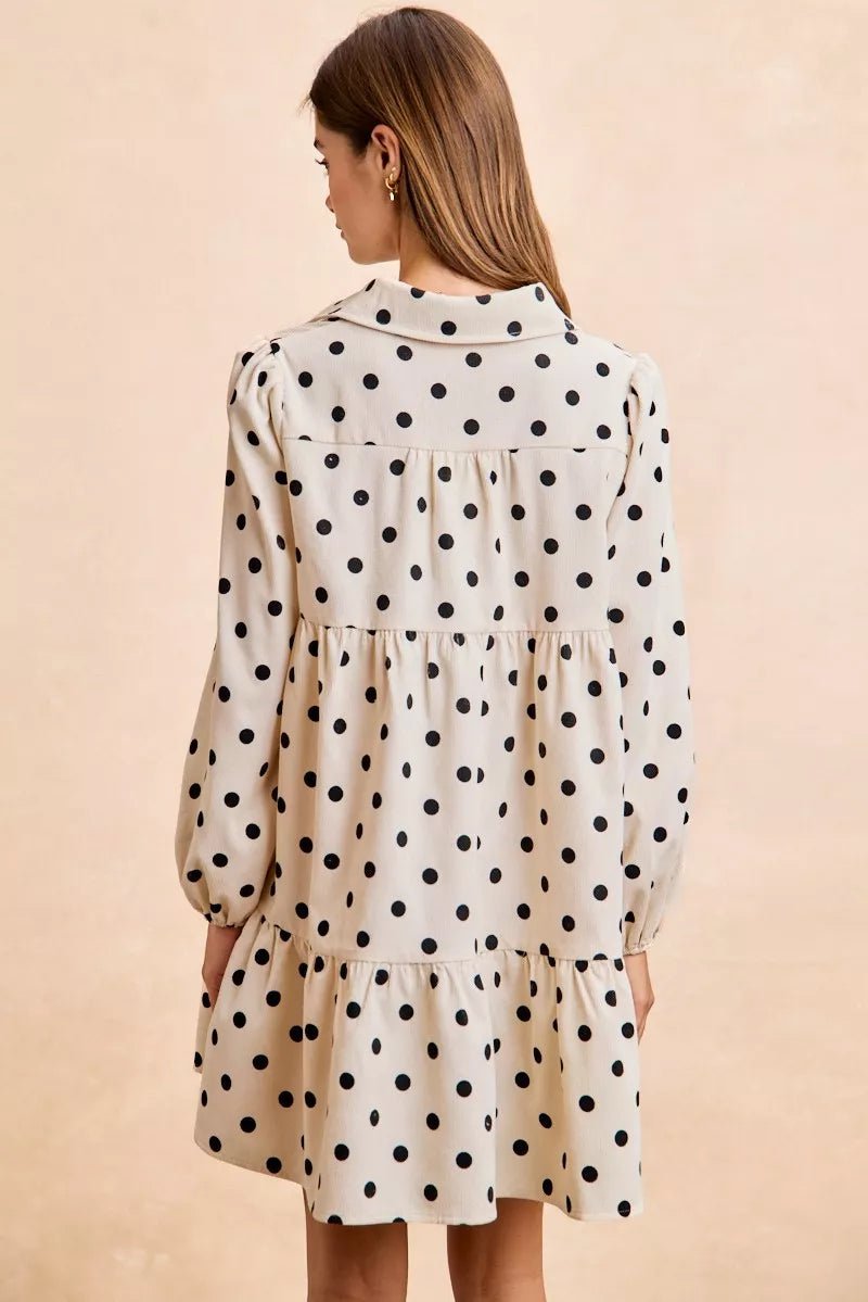 BiBi Polka Dot Corduroy Collared V Neck Dress - 