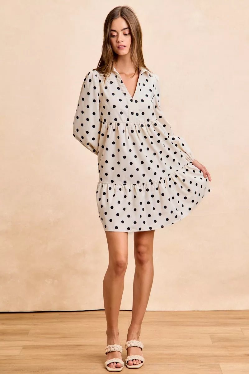 BiBi Polka Dot Corduroy Collared V Neck Dress - 
