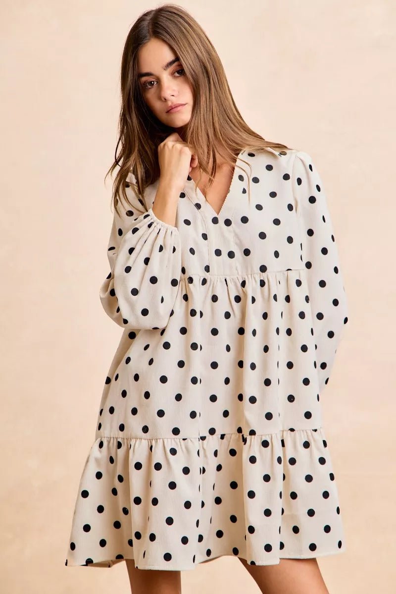 BiBi Polka Dot Corduroy Collared V Neck Dress - 