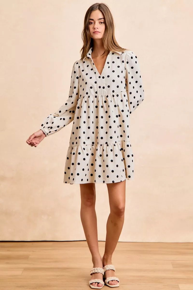 BiBi Polka Dot Corduroy Collared V Neck Dress - 