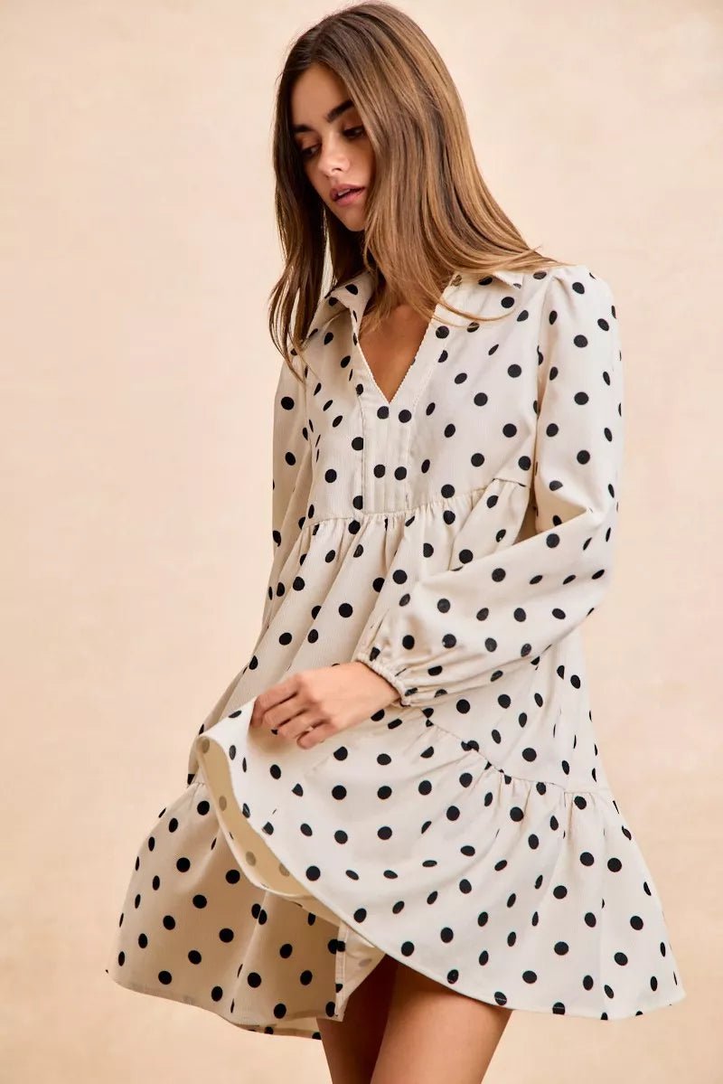 BiBi Polka Dot Corduroy Collared V Neck Dress - 