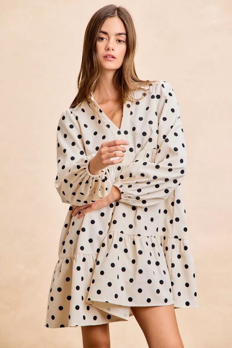 BiBi Polka Dot Corduroy Collared V Neck Dress - 