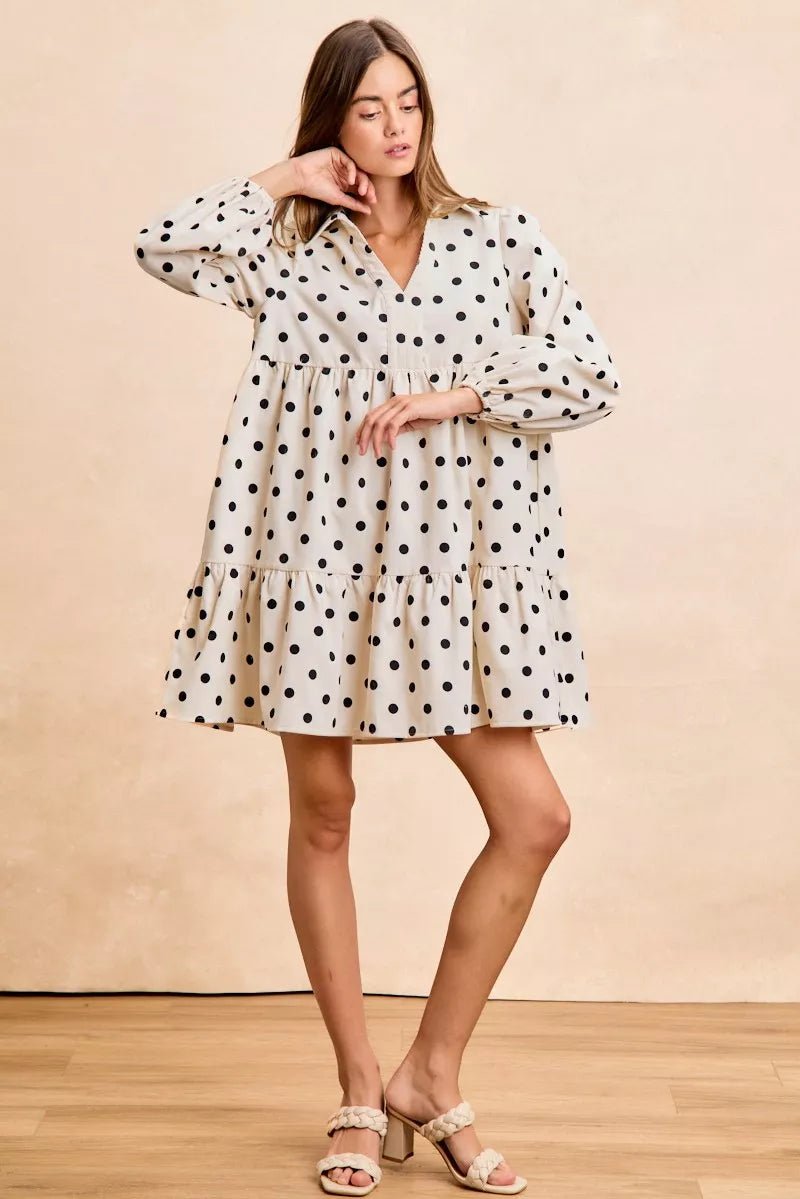BiBi Polka Dot Corduroy Collared V Neck Dress - 