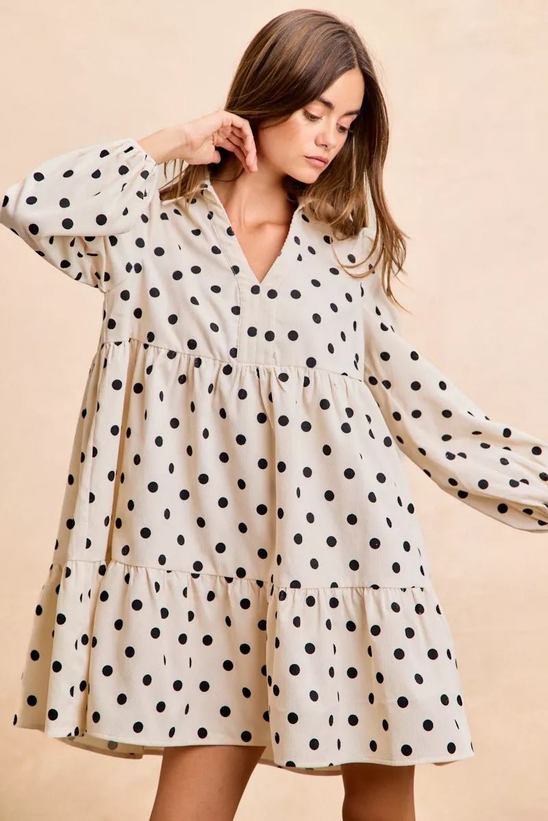 BiBi Polka Dot Corduroy Collared V Neck Dress - 