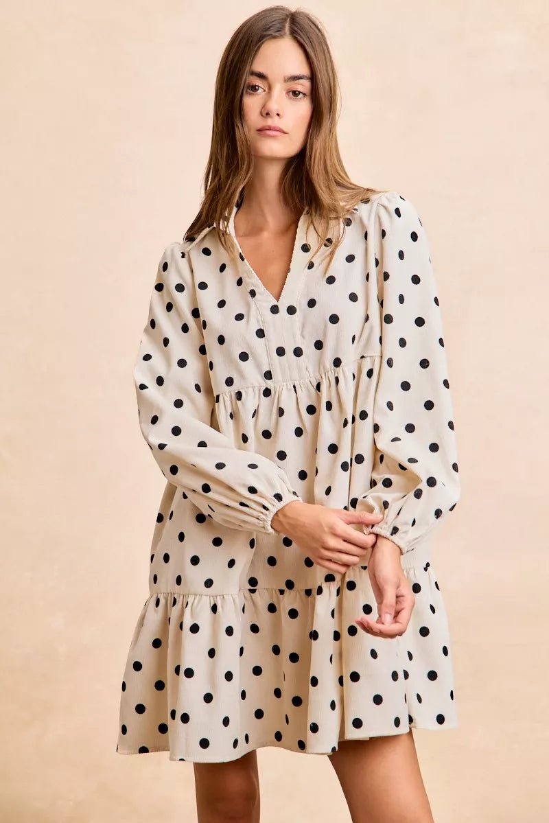 BiBi Polka Dot Corduroy Collared V Neck Dress - 