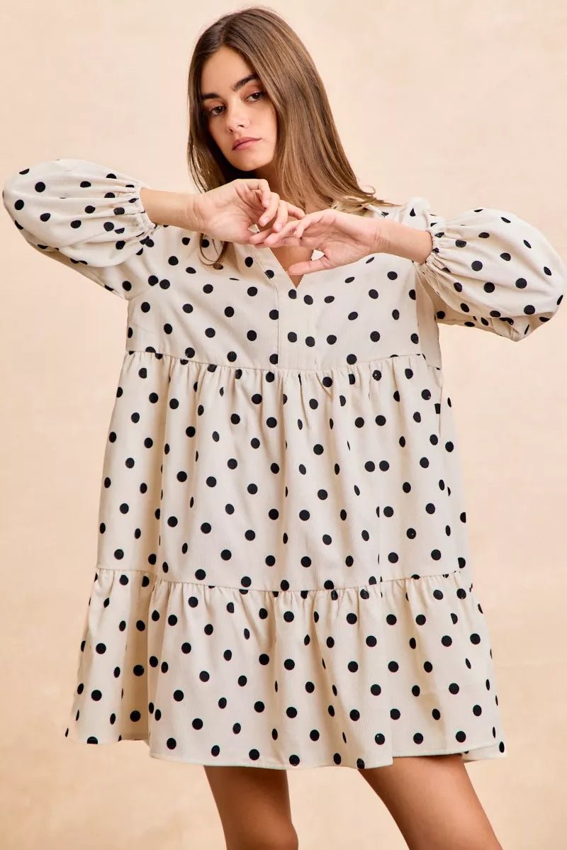 BiBi Polka Dot Corduroy Collared V Neck Dress - 