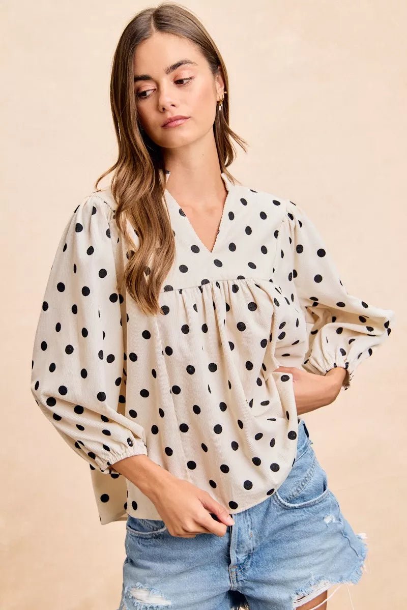 BiBi Polka Dot Corduroy Quarter Sleeves V Neck Blouse - 