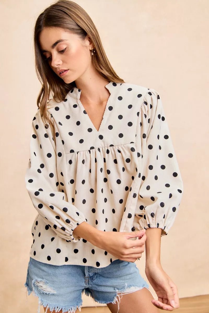 BiBi Polka Dot Corduroy Quarter Sleeves V Neck Blouse - 