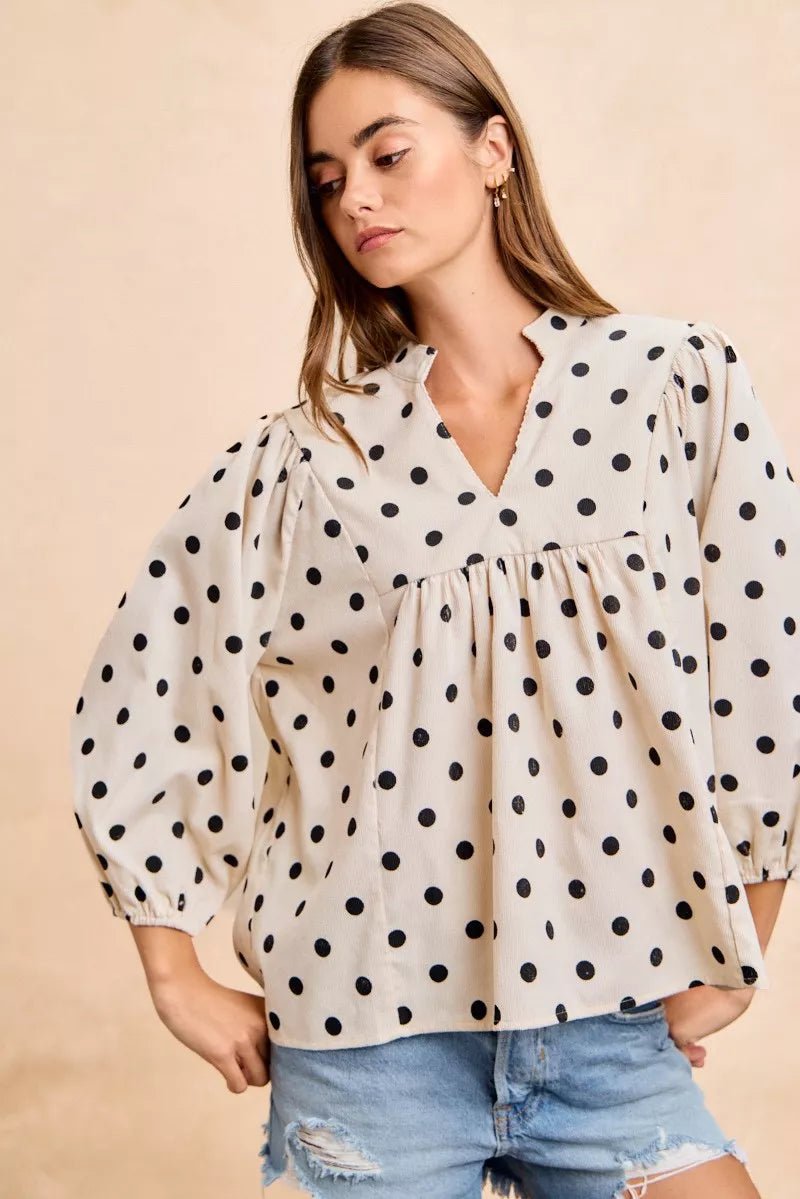 BiBi Polka Dot Corduroy Quarter Sleeves V Neck Blouse - 
