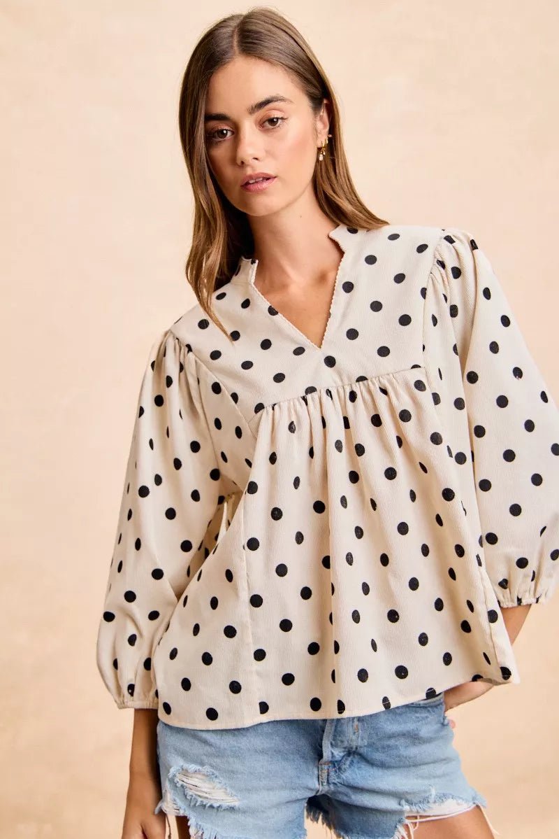 BiBi Polka Dot Corduroy Quarter Sleeves V Neck Blouse - 