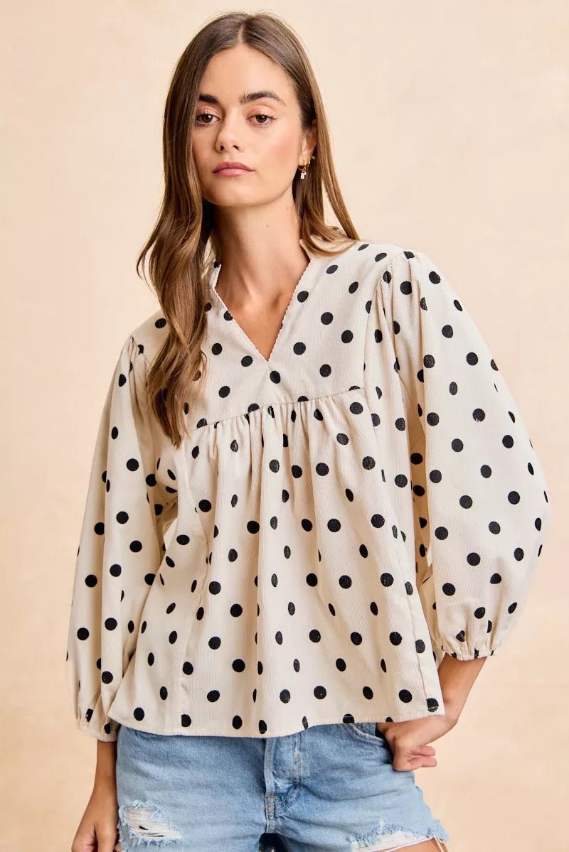 BiBi Polka Dot Corduroy Quarter Sleeves V Neck Blouse - 