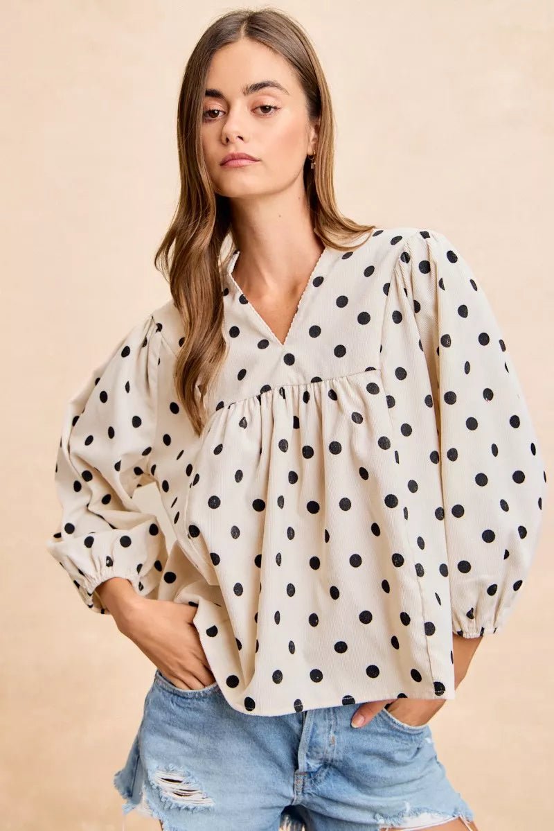 BiBi Polka Dot Corduroy Quarter Sleeves V Neck Blouse - 