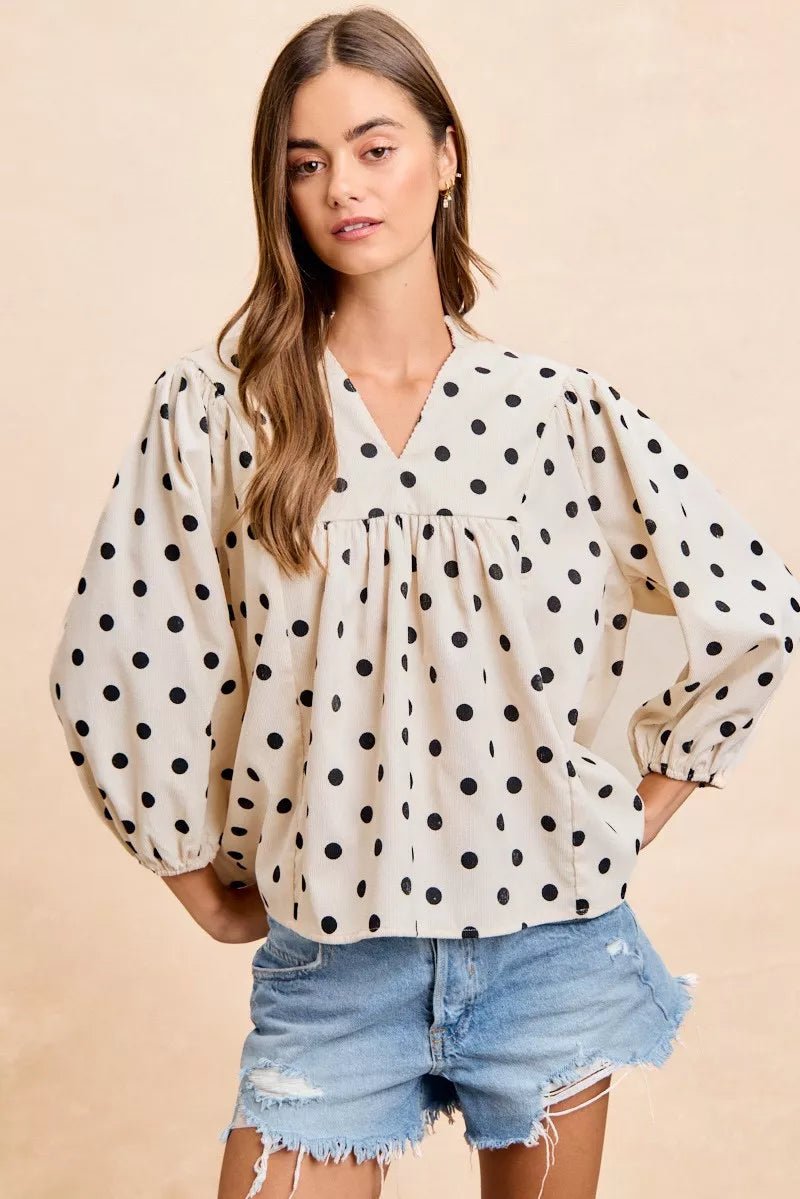 BiBi Polka Dot Corduroy Quarter Sleeves V Neck Blouse - 