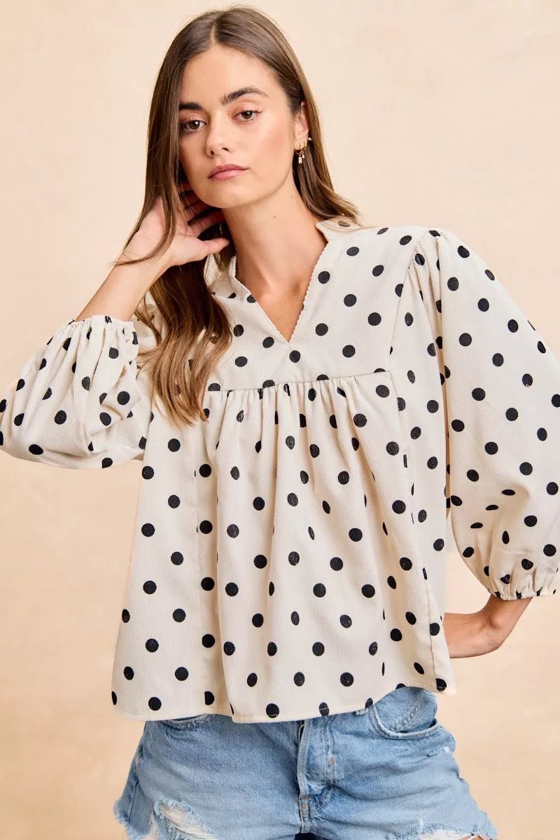BiBi Polka Dot Corduroy Quarter Sleeves V Neck Blouse - 