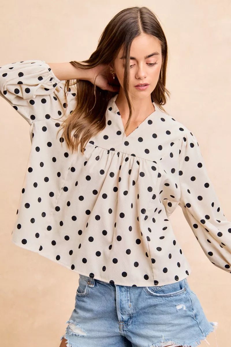 BiBi Polka Dot Corduroy Quarter Sleeves V Neck Blouse - 