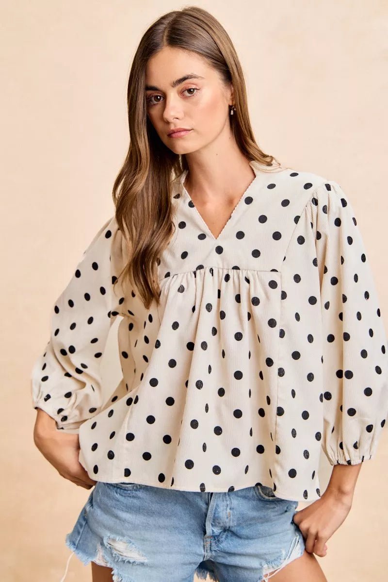 BiBi Polka Dot Corduroy Quarter Sleeves V Neck Blouse - 