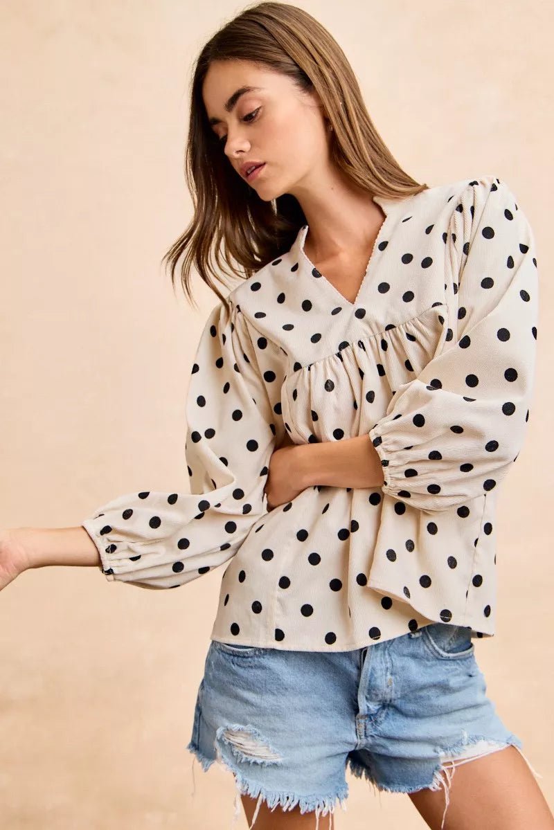 BiBi Polka Dot Corduroy Quarter Sleeves V Neck Blouse - 