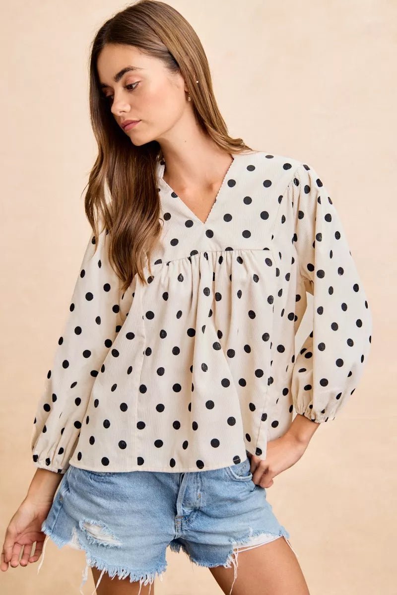 BiBi Polka Dot Corduroy Quarter Sleeves V Neck Blouse - 