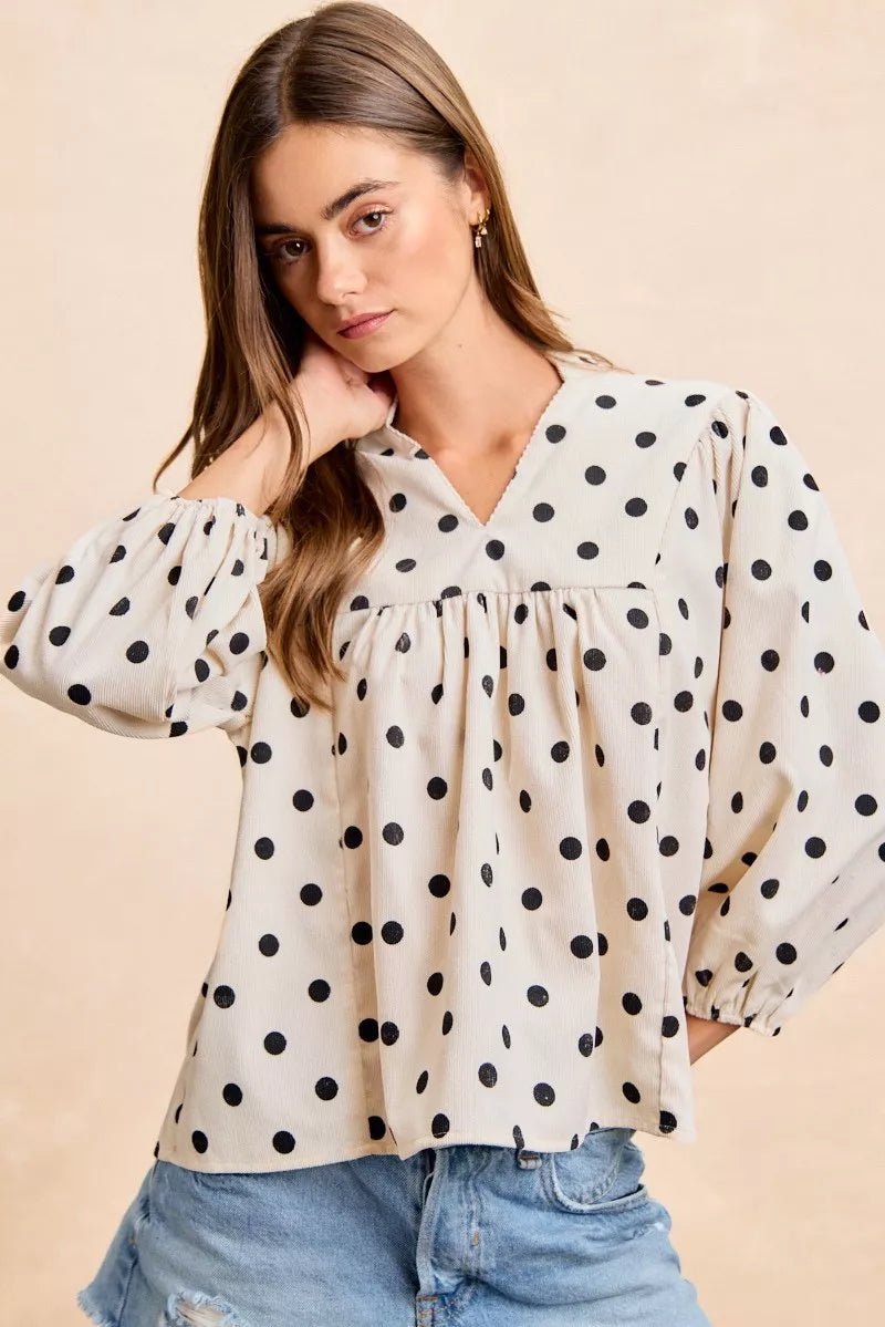 BiBi Polka Dot Corduroy Quarter Sleeves V Neck Blouse - 
