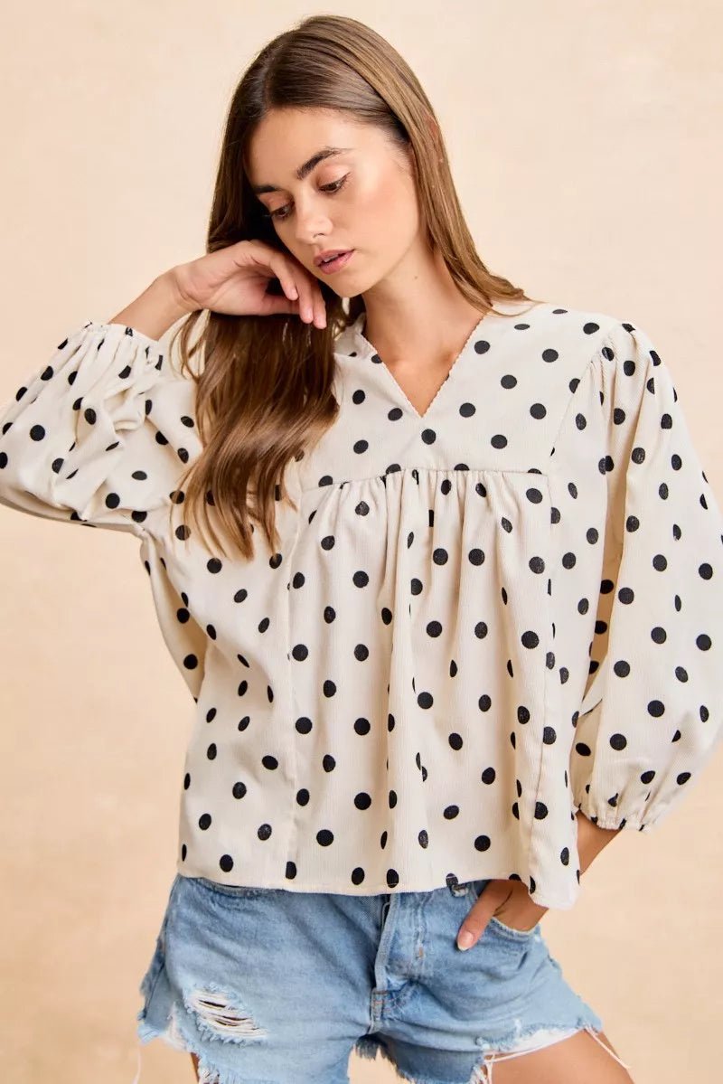 BiBi Polka Dot Corduroy Quarter Sleeves V Neck Blouse - 