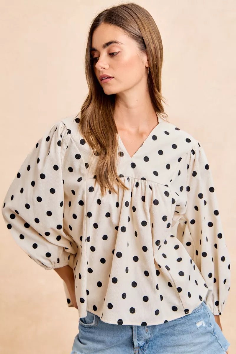 BiBi Polka Dot Corduroy Quarter Sleeves V Neck Blouse - 