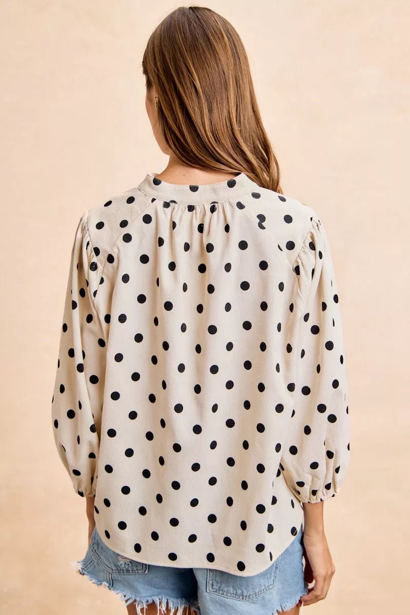 BiBi Polka Dot Corduroy Quarter Sleeves V Neck Blouse - 