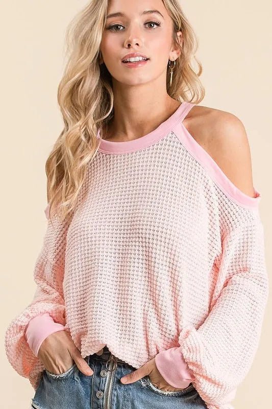 BiBi Popcorn Waffle Top with Cold Shoulder Detail - 