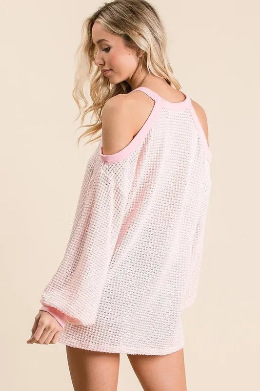 BiBi Popcorn Waffle Top with Cold Shoulder Detail - 