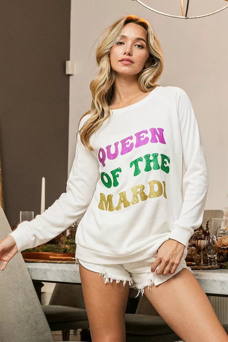 BiBi Queen Of Mardi Glitter Print Mardi Gras Sweatshirt - 