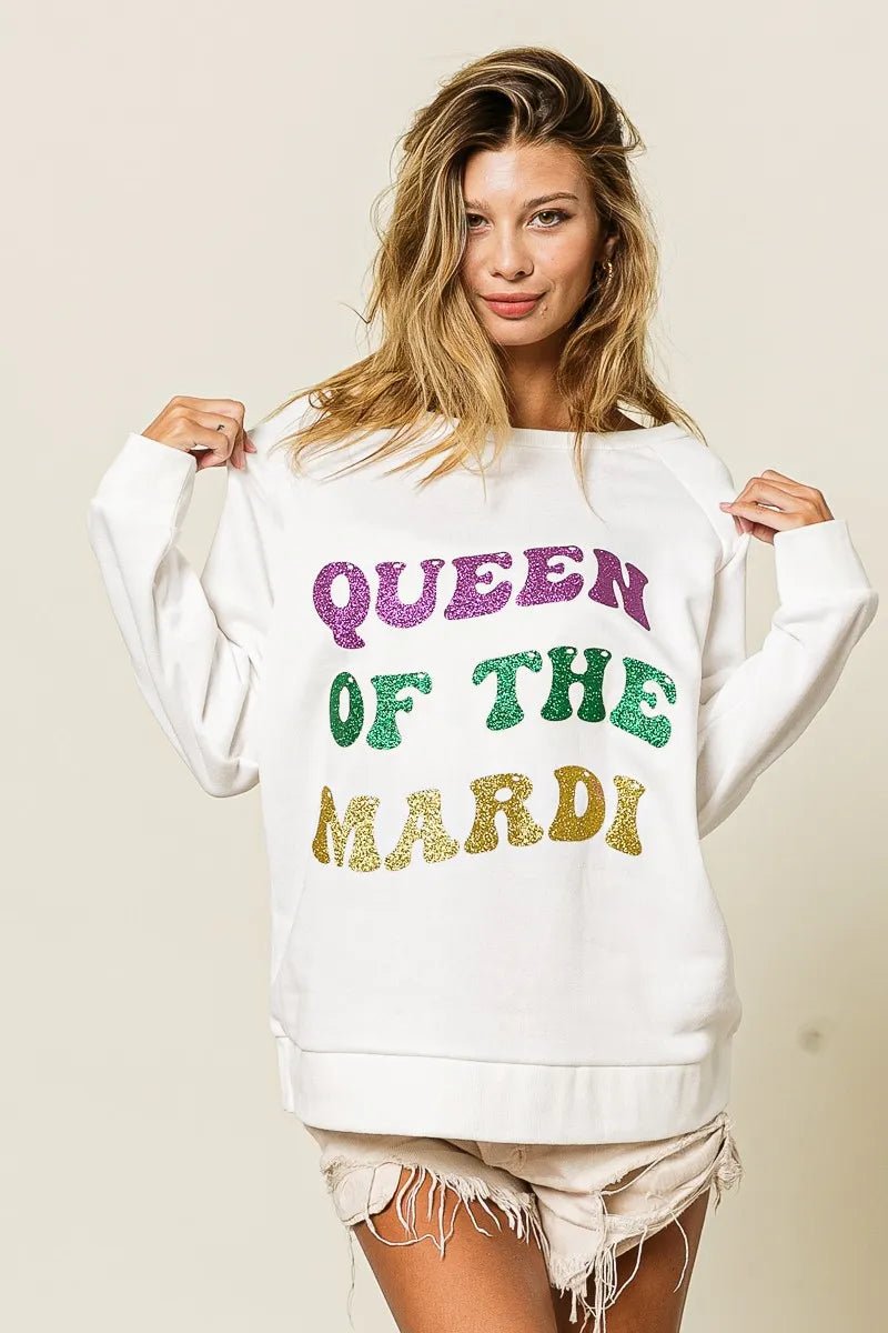 BiBi Queen Of Mardi Glitter Print Mardi Gras Sweatshirt - 