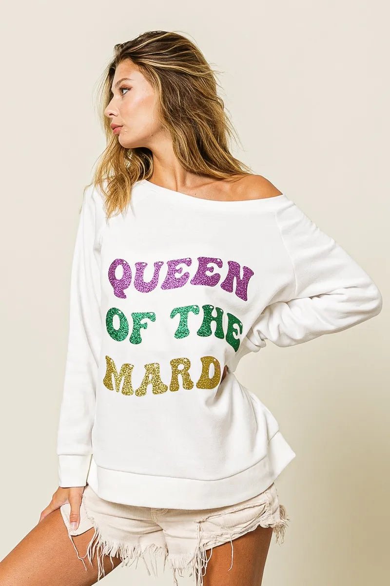 BiBi Queen Of Mardi Glitter Print Mardi Gras Sweatshirt - 