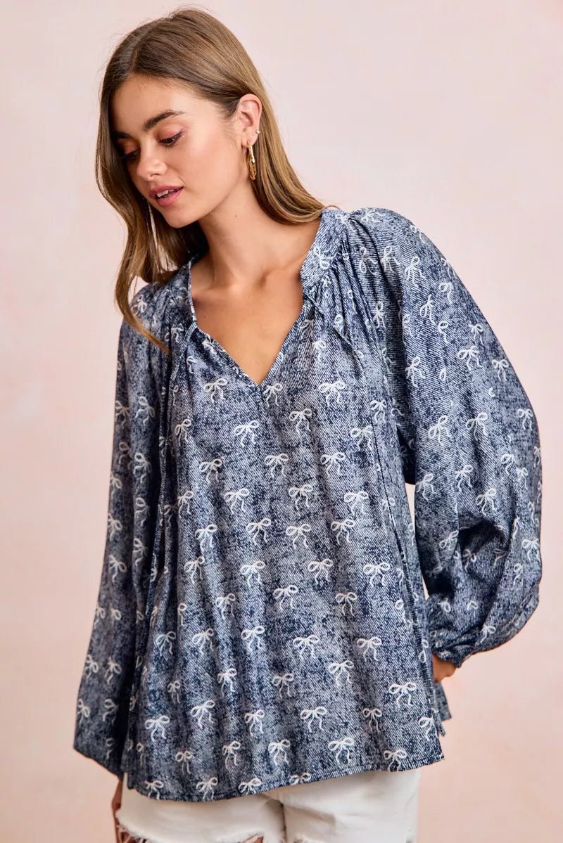 BiBi Ribbon Bow Print Exaggerated Balloon Sleeves Top - 