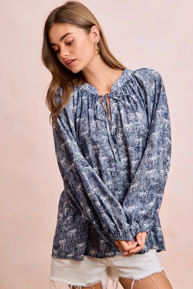 BiBi Ribbon Bow Print Exaggerated Balloon Sleeves Top - 