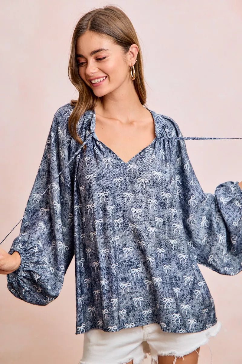 BiBi Ribbon Bow Print Exaggerated Balloon Sleeves Top - 