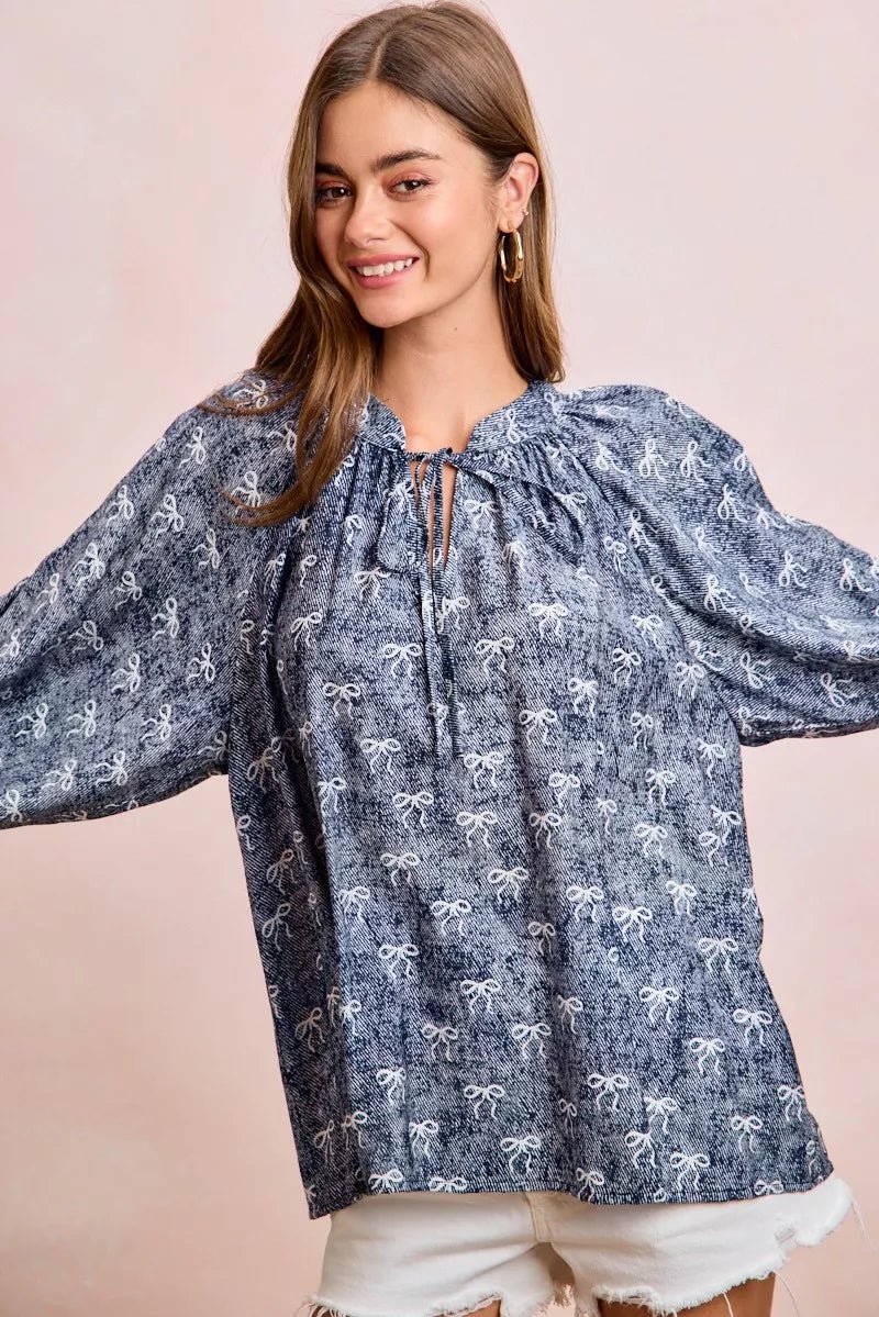 BiBi Ribbon Bow Print Exaggerated Balloon Sleeves Top - 