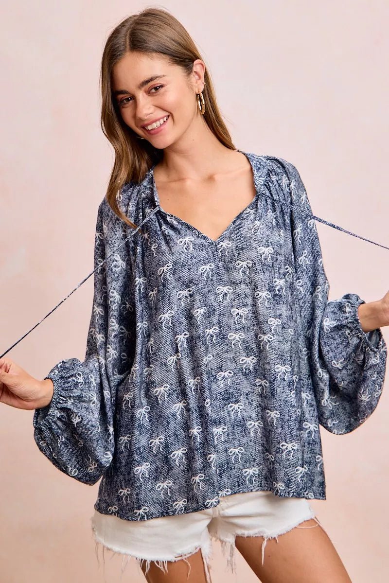 BiBi Ribbon Bow Print Exaggerated Balloon Sleeves Top - 