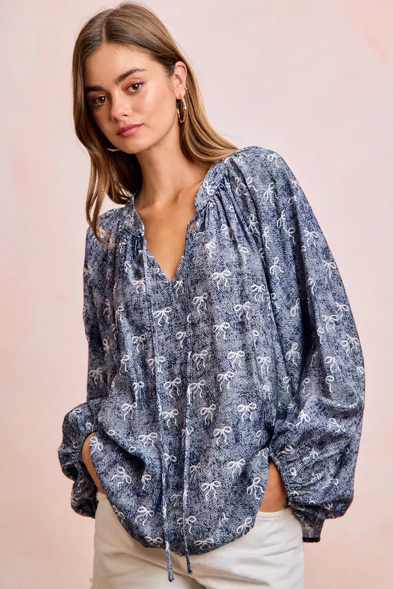 BiBi Ribbon Bow Print Exaggerated Balloon Sleeves Top - 